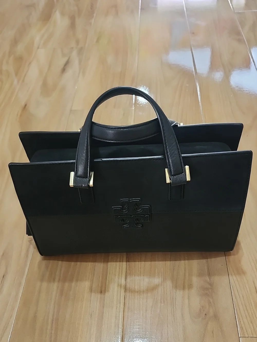 Tory Burch Black Leather Top-Handle Satchel with Gold Hardware